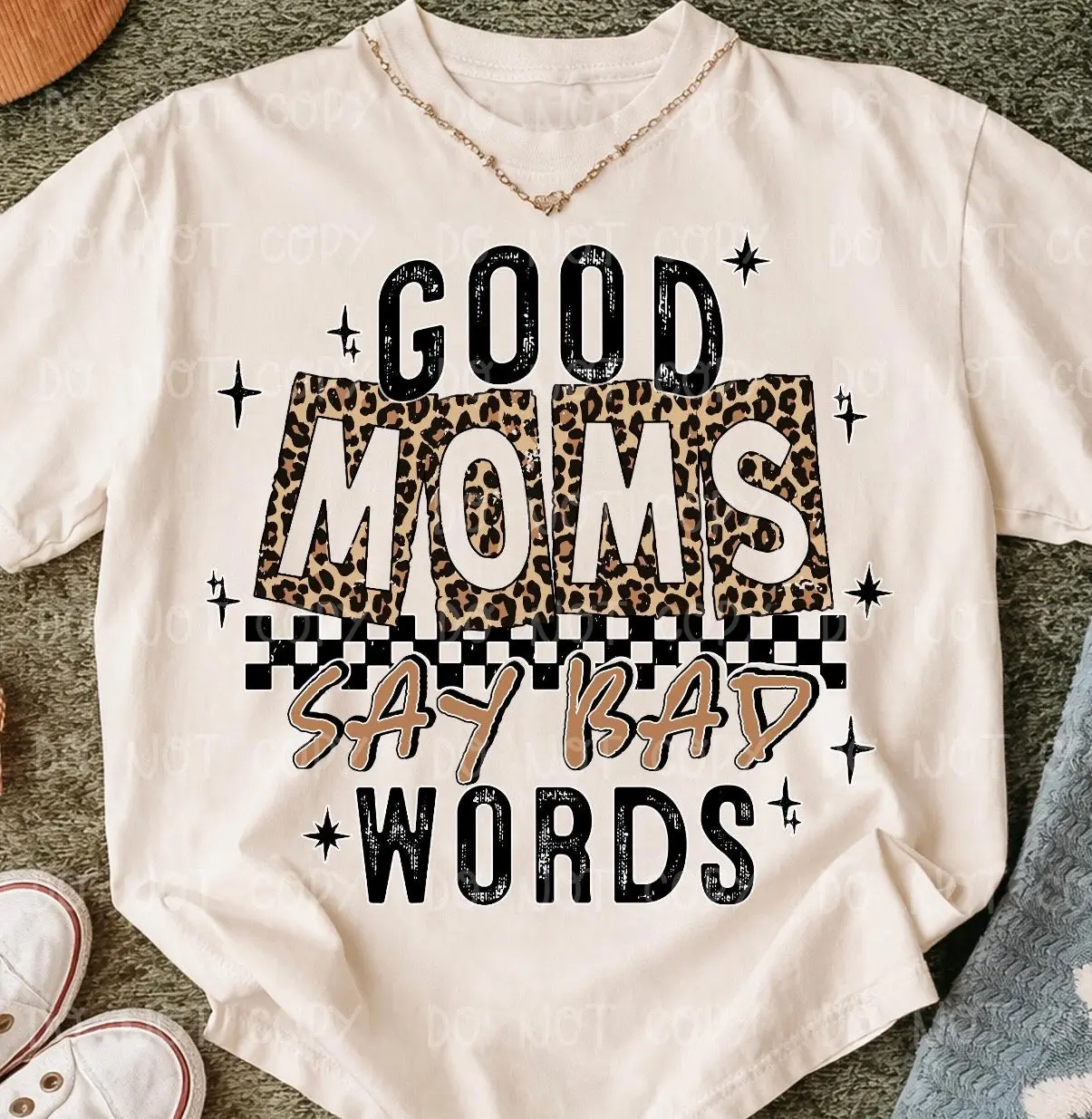 Good Moms Say Bad Words Graphic Tee | Funny Leopard Checkered Mom Shirt | Trendy Mama Tee