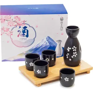 Japanese Sake Set - 1 Tokkuri Bottle (5 Oz) & 4 Ochoko Cups (1.3 Oz) - 5pc Ceramic Sake Set with Serving Bamboo Tray - Traditional Japanese Gift Set -「Midnight Sakura」