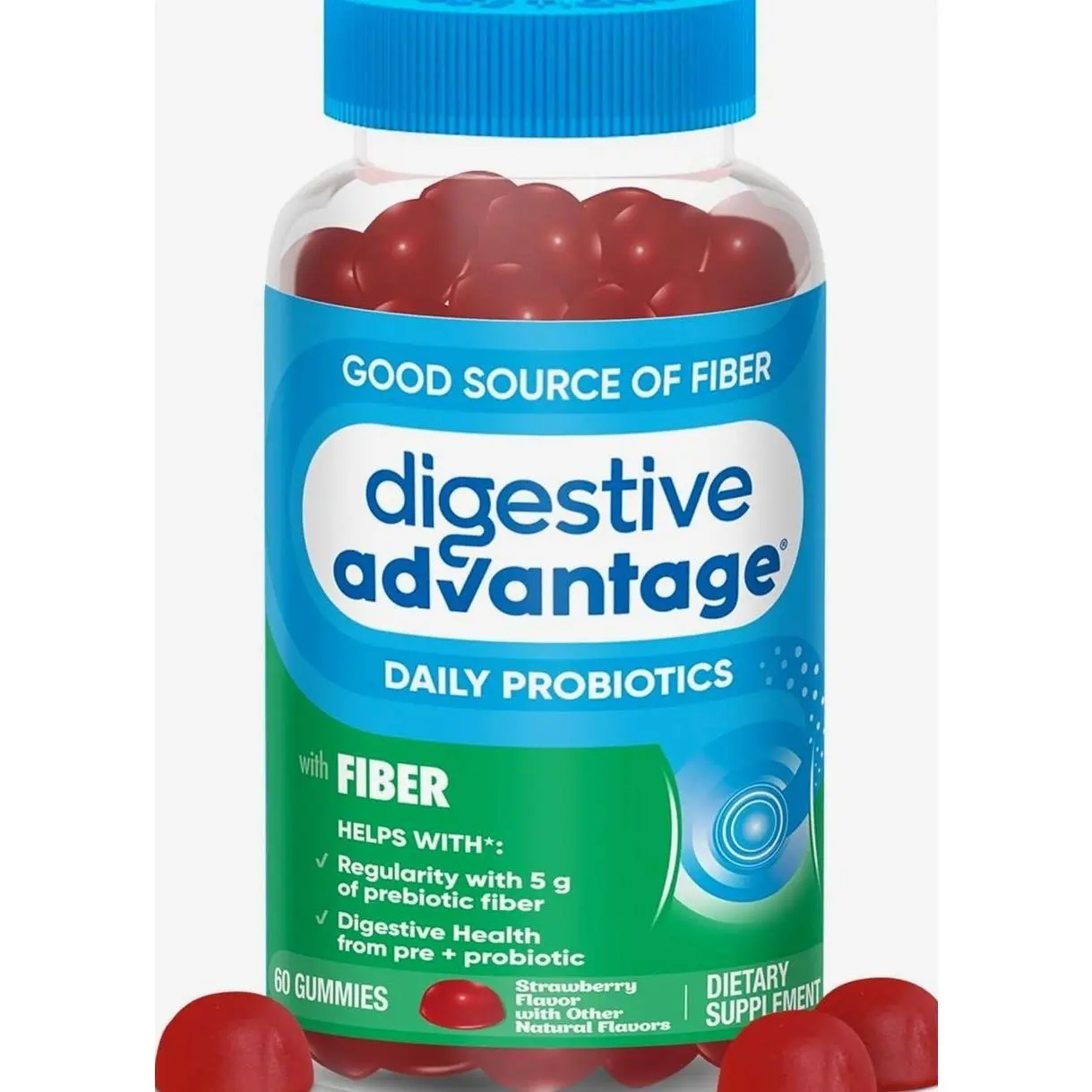 Digestive Advantage Prebiotic Fiber Supplement with Probiotics for Women & Men Digestive Health, Fiber Gummies for Adults Regularity and Gut Health, 60ct Strawberry Flavor