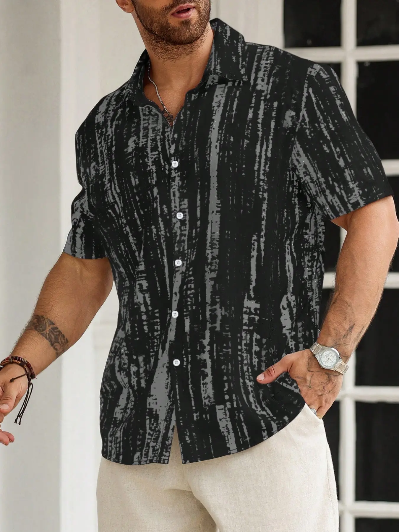 Men's Plus Size Shirt, Textured Body Design Striped Casual Fashion Collared Short Sleeve Button Up Shirt, Sizes 2xl-6xl, Comfortable and Stylish, Top