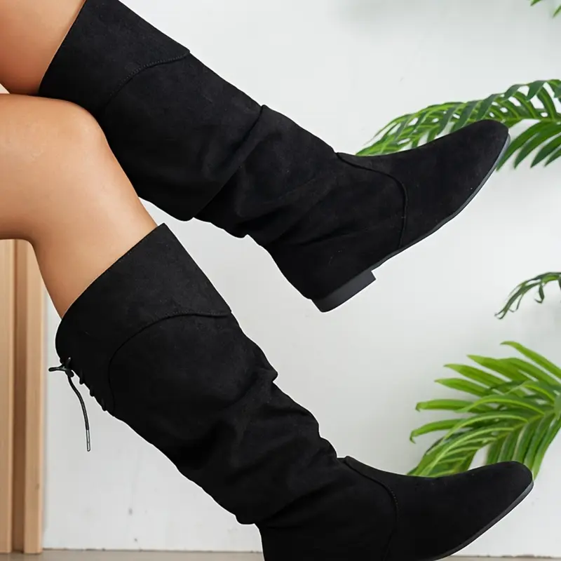 Women's Knee-High Low Heel Boots, Comfortable Walking, Unique Ruched Design, Casual or Mature Style, Winter Long Boots, Back Lace-Up Detail