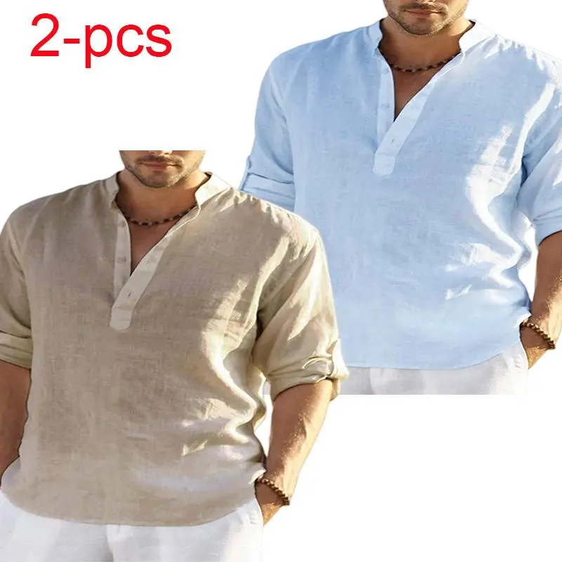 Men’s cotton-linen long-sleeve casual T-shirt featuring a Henley collar-comfortable and versatile, wearable year-round. # # SummerWins, # Father’sDayGift, wardrobe staple, everyday wear, must have item, essential piece