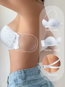 Women's lace strapless bra with silicone side wings, push-up halter neck Elegant style, suitable for backless dresses.