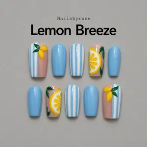 Nailsbyruee | Lemon Breeze Press On Nails - Lemon nails with Blue stripes 10pcs