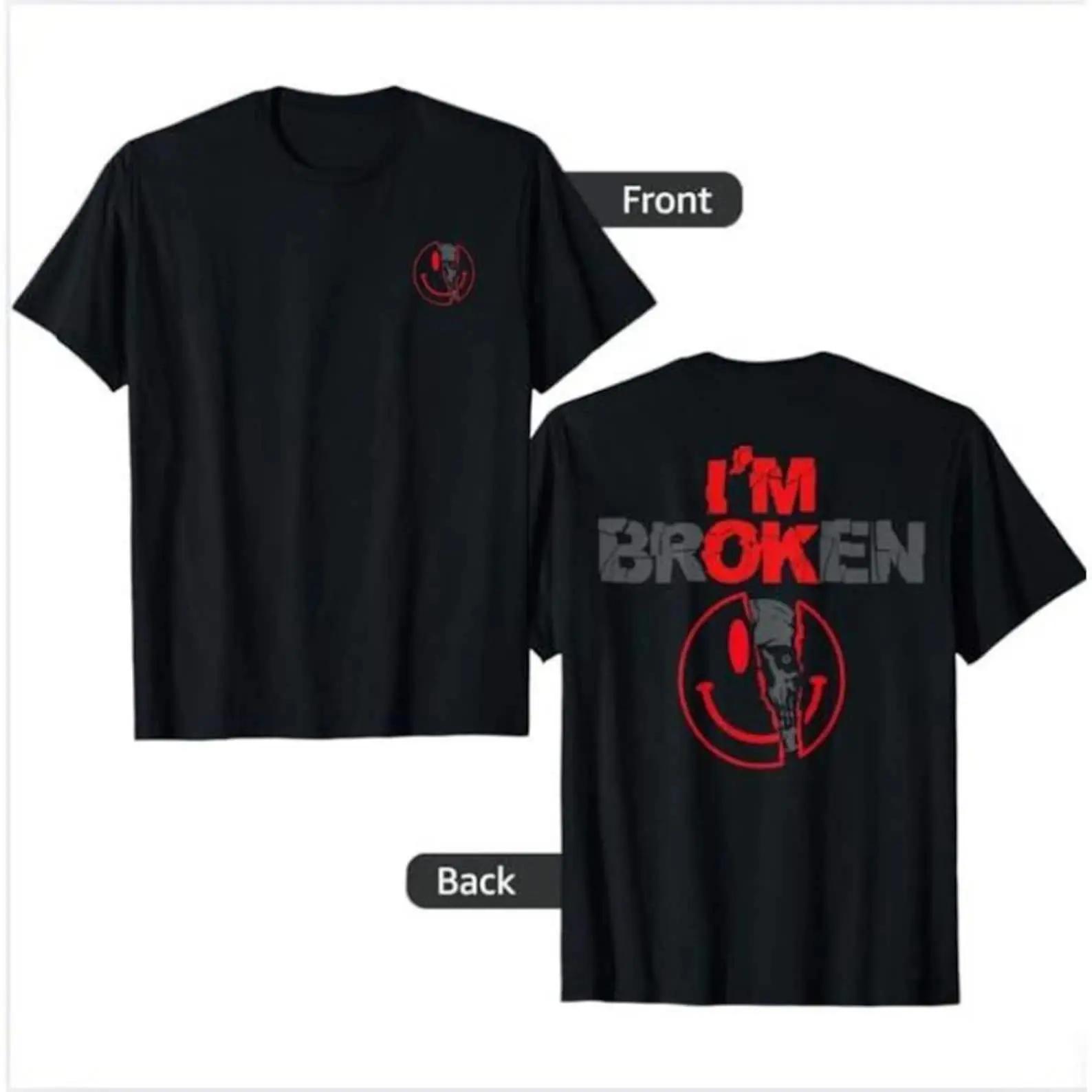 Unisex I'm Broken T-Shirt Double-Sided Horror Smile Face Graphic Tee Oversized Loose Fit Crewneck Short Sleeve Cotton Casual Top for Daily Wear Streetwear Edgy Statement Apparel for Men Women