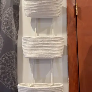 Decorative 3-Tier hanging organizer bag, natural rattan over the door basket – large woven cotton wall-mounted storage, nursery & fall room decor, suitable for renters maximizing space plant hangable laundry basket house organizers