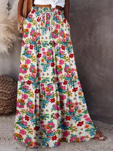 Vintage Forest Floral Cake Skirt High Waist Slimming Beach Long Dress Bohemian Style Half Skirt for Women