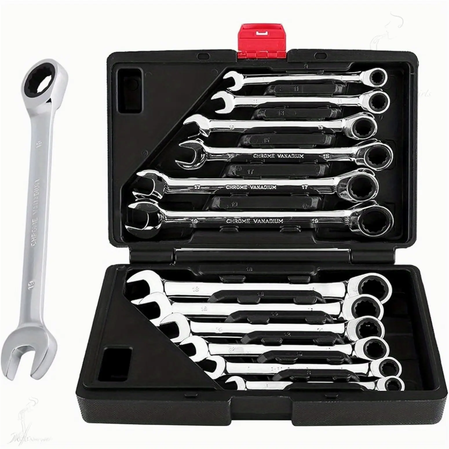 12pcs Ratchet Wrench Set, Chrome Vanadium Steel Combination Wrench set, Combination Ended Spanner kits, Metric Wrench Set Spanner Wrench Polished Tool for with Storage Organizer Box, Metric 8mm-19mm