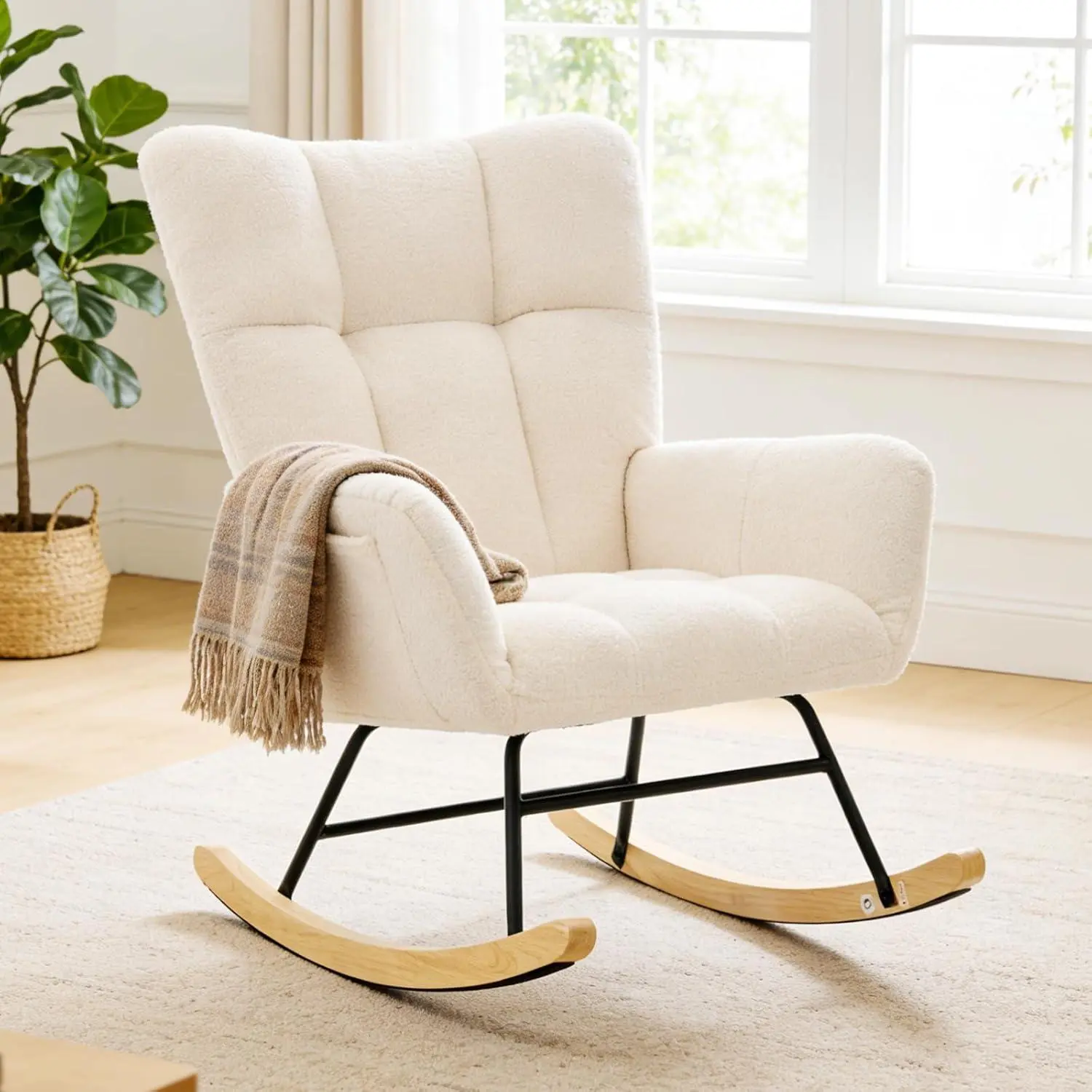 Teddy Upholstered Rocking Chair, Comfy Glider Rocker with High Backrest & Padded Armrests, Accent Chair for Living Room, Bedroom, Nursery & Small Spaces