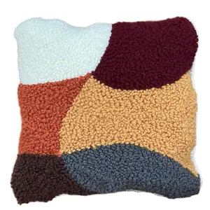 Punch Needle Pillow Handmade Autumn Fall Colors Abstract Design in Multicolored Blocks