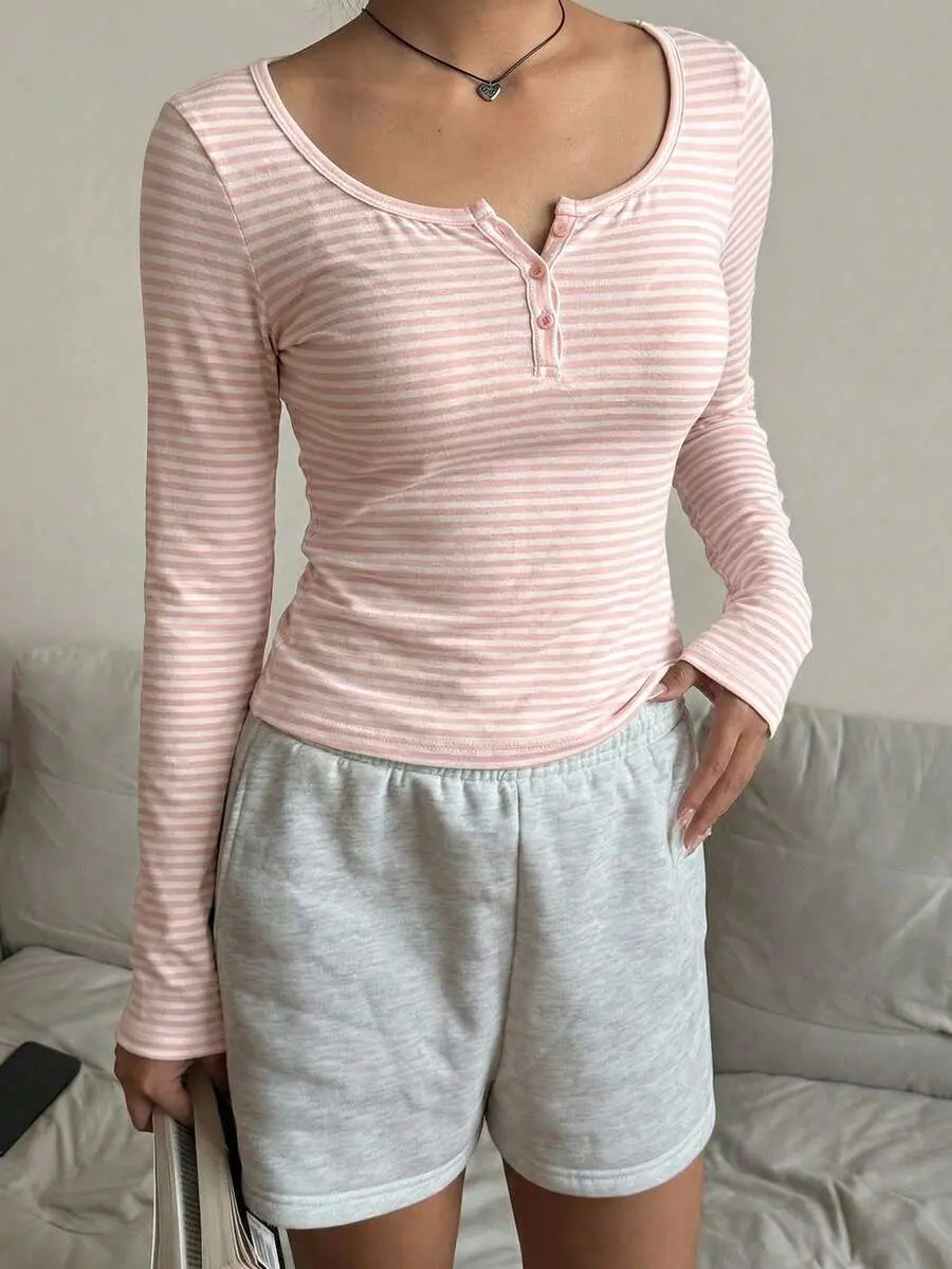 Women's Blend Pink Striped Half Zip T-Shirt, Spring/Summer,Pink Top
