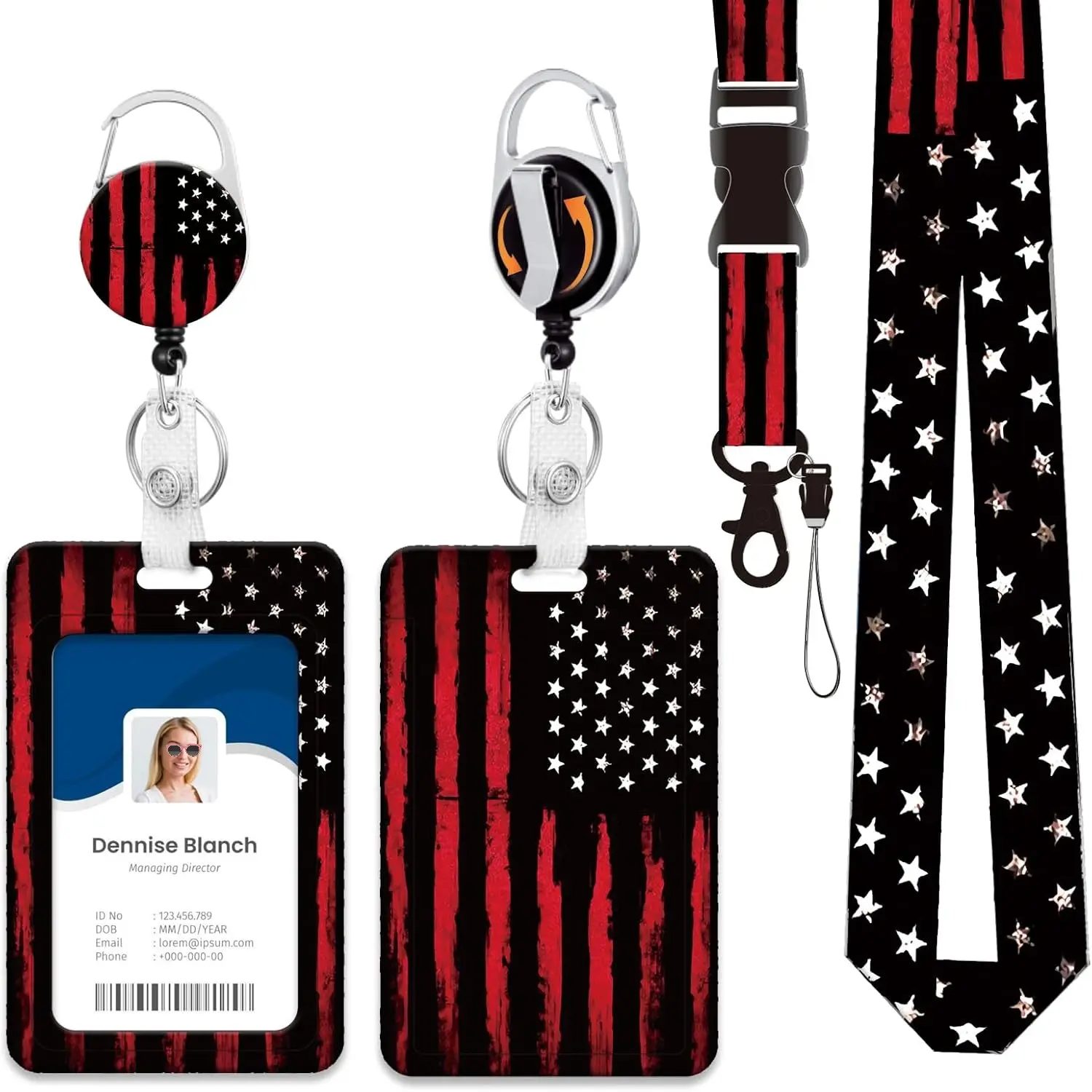 P-KC040 Heavy Duty ID Badge Holder with Retractable Comfortable and Strong Lanyard, 24-Inch Extension, Sliding Cover, Red Black American Flag Graphic, for Business Commute, Nurses, Office Use, Casual Style
