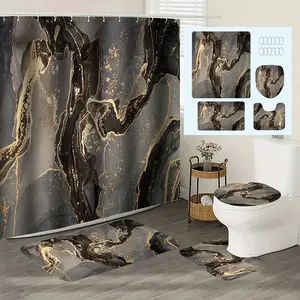 4Pcs Shower Curtains Set Non-Slip Rugs Bath Mat Toilet Cover U Shaped Mat 72x72 inch with Hooks Black Gold Marble Design for Bathroom Whimsical Cat Decor