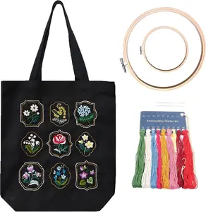 Embroidery kit, Canvas Tote Bag Embroidery Kit, Include Stamped Flower Pattern, Hoop, Color Threads and Tool, Suitable for Beginners, Adults Arts and DIY Crafts Kits (Black)