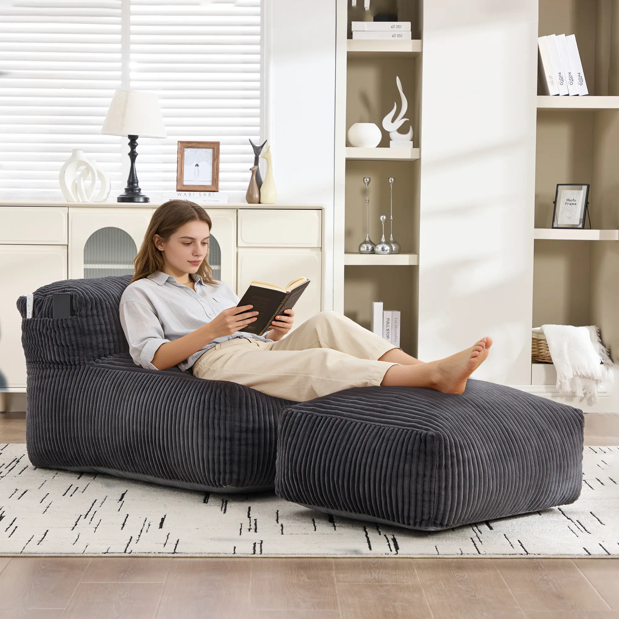 Big Bean Bag Chair Lounger Large Bean Bag Sofa, Memory Foam Filled Beanbag Chair for Balcony,Comfy Corduroy Bean Bag Chair with ottoman,Ergonomic Support & Premium Com seats  boneless  cloud floor couch lazy comfort furniture living room deep seat lounge
