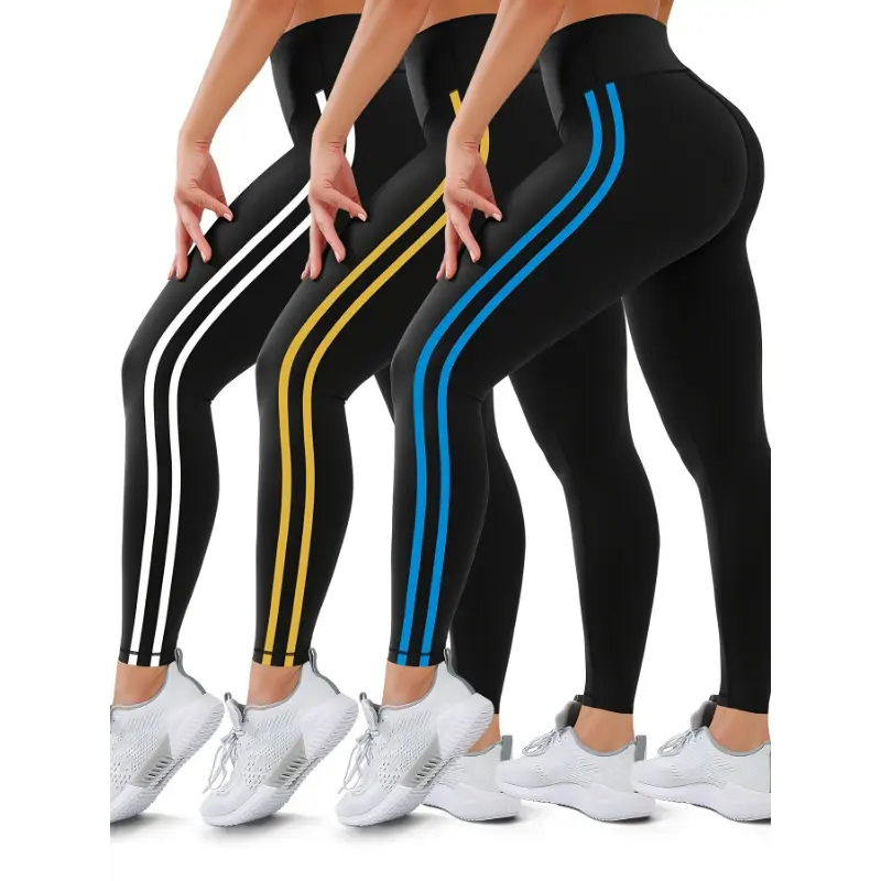 Women's Plus Size High-Waisted Leggings 3-Pack, High Stretch Side Stripe Pants with Tummy Control for Running & Hiking, Leggings Tummy Control, 3-Pieces