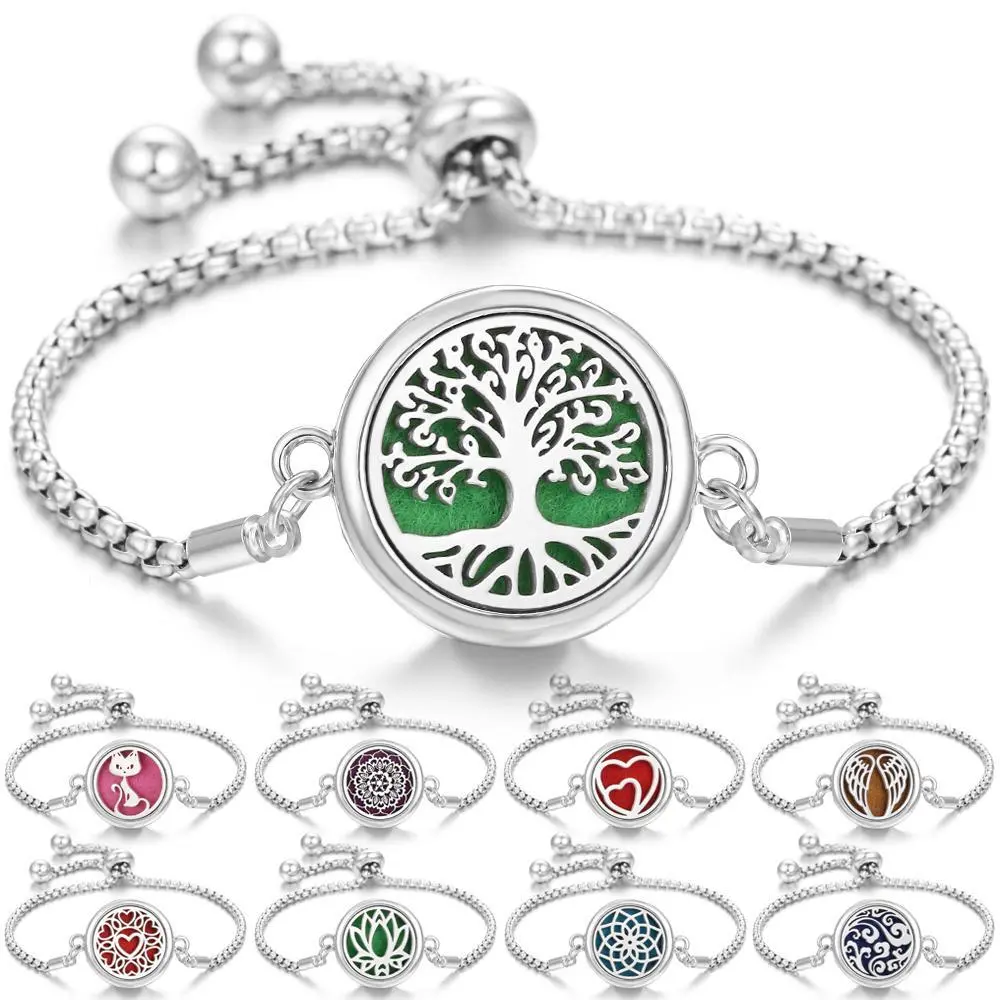 Stainless Unisex Aromatherapy Locket Bracelet - Female-Friendly, New Perfume Scent Essential Oil Diffuser Jewelry with Tree, Cat, Flower, Heart, Wings Designs, Flowers, Metal Coating, Perfume Aromatherapy, 30 Designs, Bangle, All Seasons, Everyday Wear, T