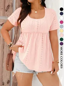 Women's Plus Size Babydoll Shirts Eyelet Peplum Top Short Sleeve Scoop Neck Pearl Button Casual Blouse Flowy Tummy Control Summer Boho Trendy