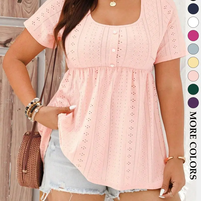 Women's Plus Size Babydoll Eyelet Peplum Top, Shirts, Boho Clothing, Short Sleeve Scoop Neck Pearl Button Casual Chic Bohemian Blouse, Flowy Tummy Control Fit Boho Summer Style