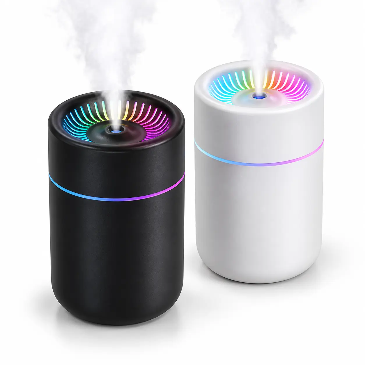 Mini USB Humidifier with 7-Color LED Lights, Portable Cool Mist Humidifier, 2 Mist Modes, Quiet Desktop Air Humidifier for Bedroom, Office, Home and Car, Black/White