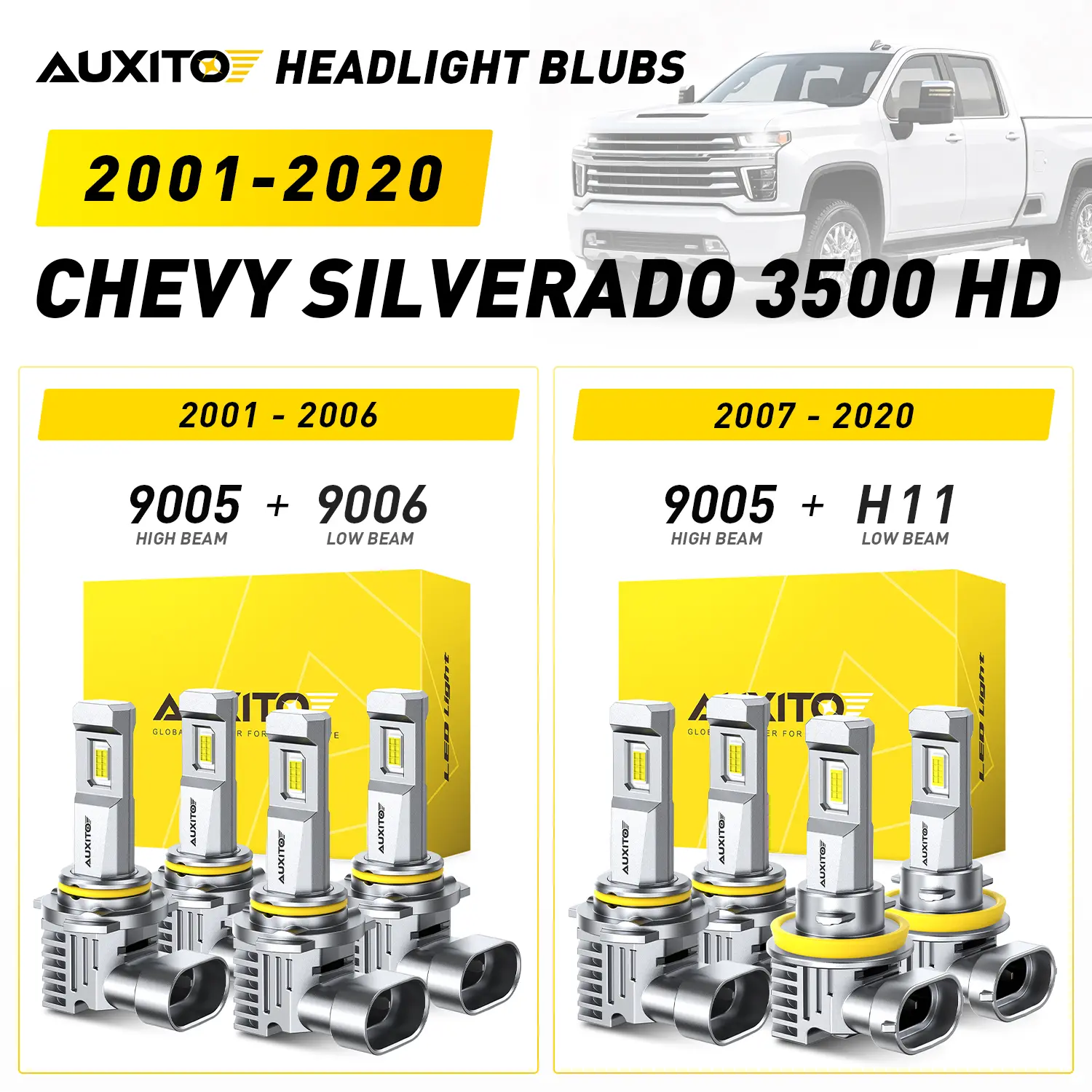 2001-2020 Chevy Silverado 3500 HD AUXITO LED Headlight Bulbs, 9005 High Beam & 9006 Low Beam (2001-2006), 9005 High Beam & H11 Low Beam (2007-2020), 30000LM 6500K Cool White, Anti-glare,CANBUS Ready,No error,No Flickering, Plug and Play