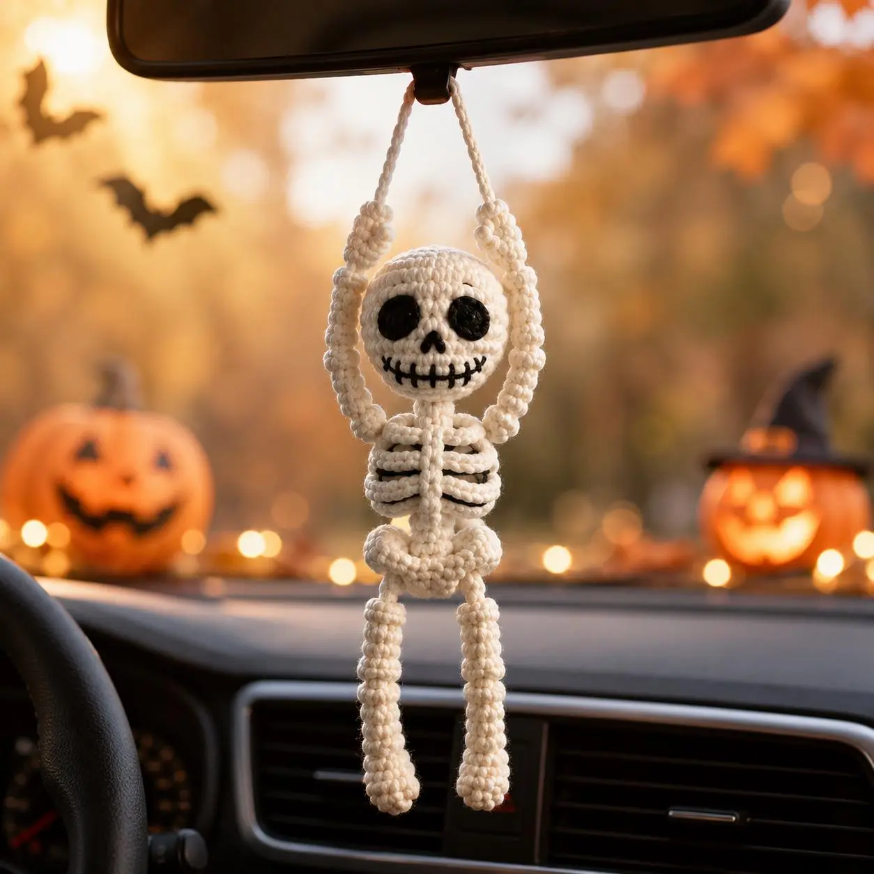 Crochet Skeleton Car Hanger, Skeleton Keychain, Halloween Front Door Hanger, Handmade Gothic Decor, Spooky Gift, Halloween Car Charm