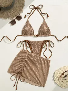 Women's 3-Piece Bikini Set, Summer Swimsuit Set, Sexy High-End Coffee Color Beaded Fashion Beachwear, Special Fabric Skirt for Vacation Photoshoots