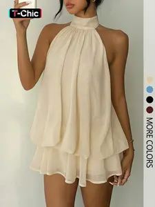 Women's Simple Solid Backless Halter One-Piece Jumpsuit, Elegant Ruffle Design, Perfect for Casual Wear, All Seasons Fashion