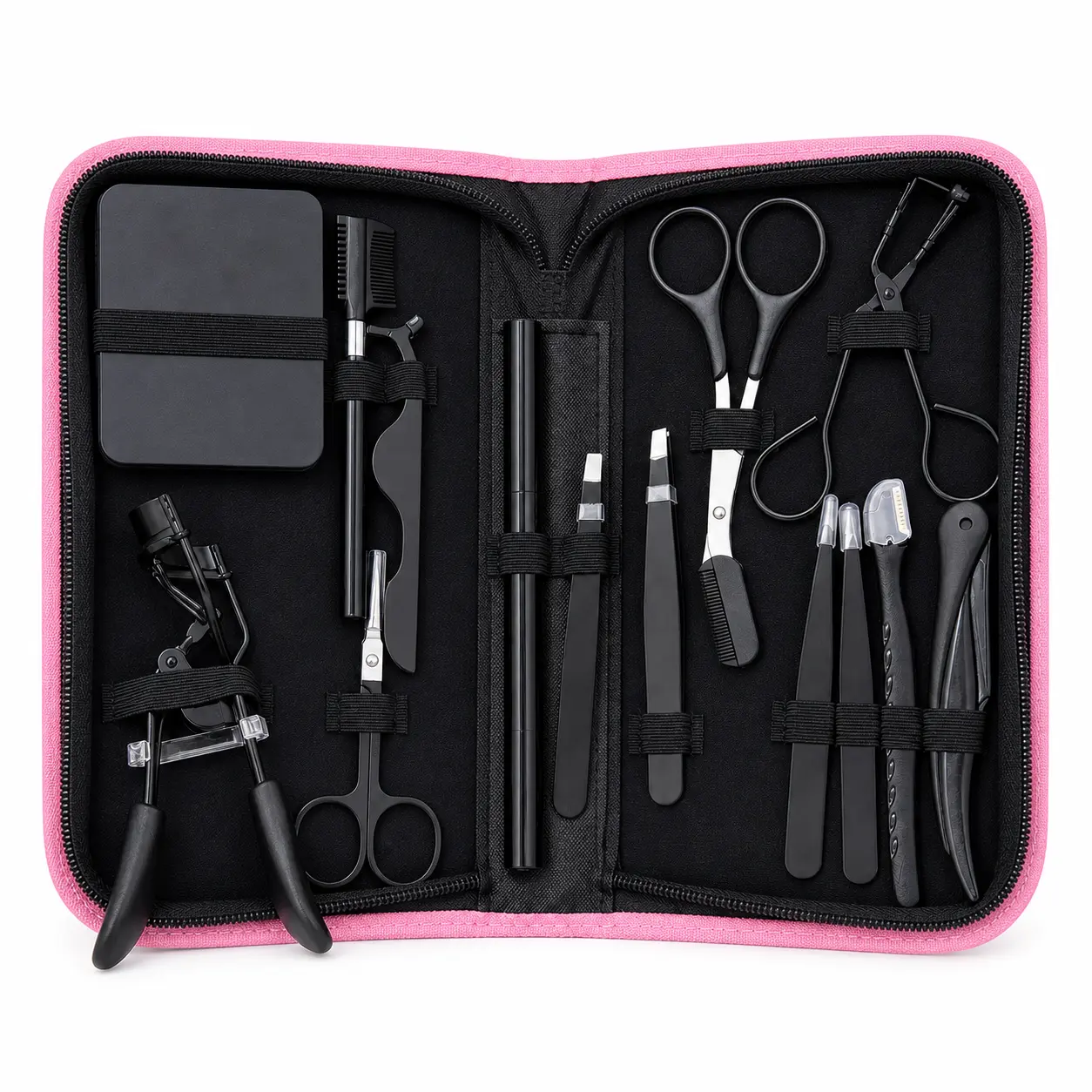 14-Piece Eyebrow Grooming Kit - Salon-Grade Gentle Stainless Steel Tools with Tweezers, Scissors, Pencil, Brush for Precision Shaping & Blending, Compact Pink Zippered Case for Easy Storage & Travel