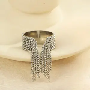 Boho Chunky Adjustable Tassel Ring – Stainless Steel Beaded Chain Open Ring for Women, Fashion Statement Finger Jewelry