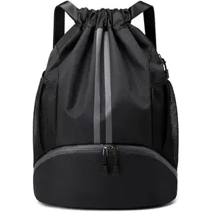 Black Drawstring Gym Bag for Men,  Drawstring Backpack for Women, Swim Bag with Shoes Compartment, Pull String  Bag for Soccer and Basketball.