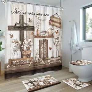 4-Piece Polyester Shower Curtain Set with 12 Hooks, Bathroom Decoration Accessories Including Non-Slip Floor Mat, U-Shaped Toilet Mat, Farmhouse Cross, Butterfly, Modern Plant, Striped Design, Inspirational Bible Verse Quotes, Valentine's Day Decor, Showe