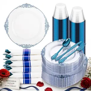 175pcs Clear and Blue Plates - Blue Party Plates for 25 Guest, Include 50 Heavy-duty Plates(20% Thicker Than Standard), 25 Pre Rolled Gold Plastic Silverware Set, 25 CupsPerfect for graduation parties, home gatherings and Memorial Day