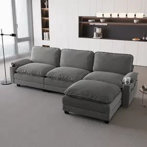 113" Modern 3+1 L-Shaped Corduroy Fabric Sofa, Modular Sectional Cloud Couch W/Ottoman, 35D High-resilience Sponge&Double-layer Thick Cushion, Cup Holders, Storage Bags, Couches for Living Room, Apartment.