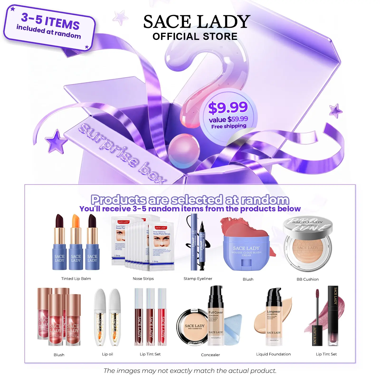 SACE LADY Mystery Blind Surprise Box Makeup Set - Hyaluronic Lip Tint, Glossy Lipstick, BB Cushion, Eyeliner, Blendable Blush, Contour Concealer, Lip Balm, Foundation, Stamp Brow Pencil - Flawless Full Face Beauty Cosmetics Gift Set for Students