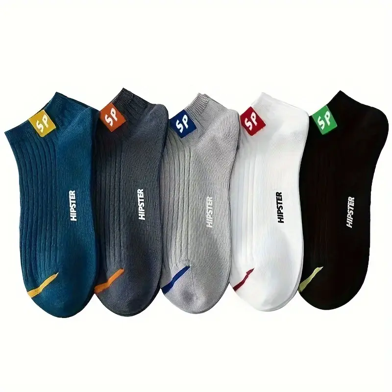 5 Pairs 'SP' Print Fashion Sports Socks for Men & Women - Low-Cut Ankle Socks with Geometric Pattern, Breathable Moisture-Wicking Fabric, Reinforced T