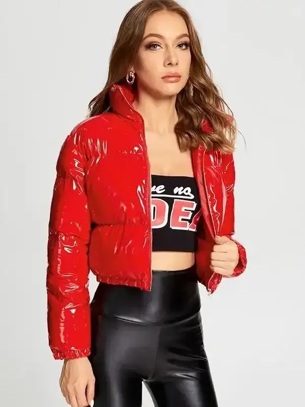 Women's Trendy Stand-up Collar Padded Puffer Cropped Jacket - Long Sleeve, Casual, Cozy Polyester Fabric Tops, Elegant Fall Outerwear with Mirror Accent, effortless layering, chic everyday, refined casual