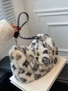 Trendy retro personalized leopard print plush bag with multiple chain decorations, Embellished shoulder bag, single shoulder crossbody bag, can accommodate mobile phones, headphones, lipstick, suitable for dates, parties