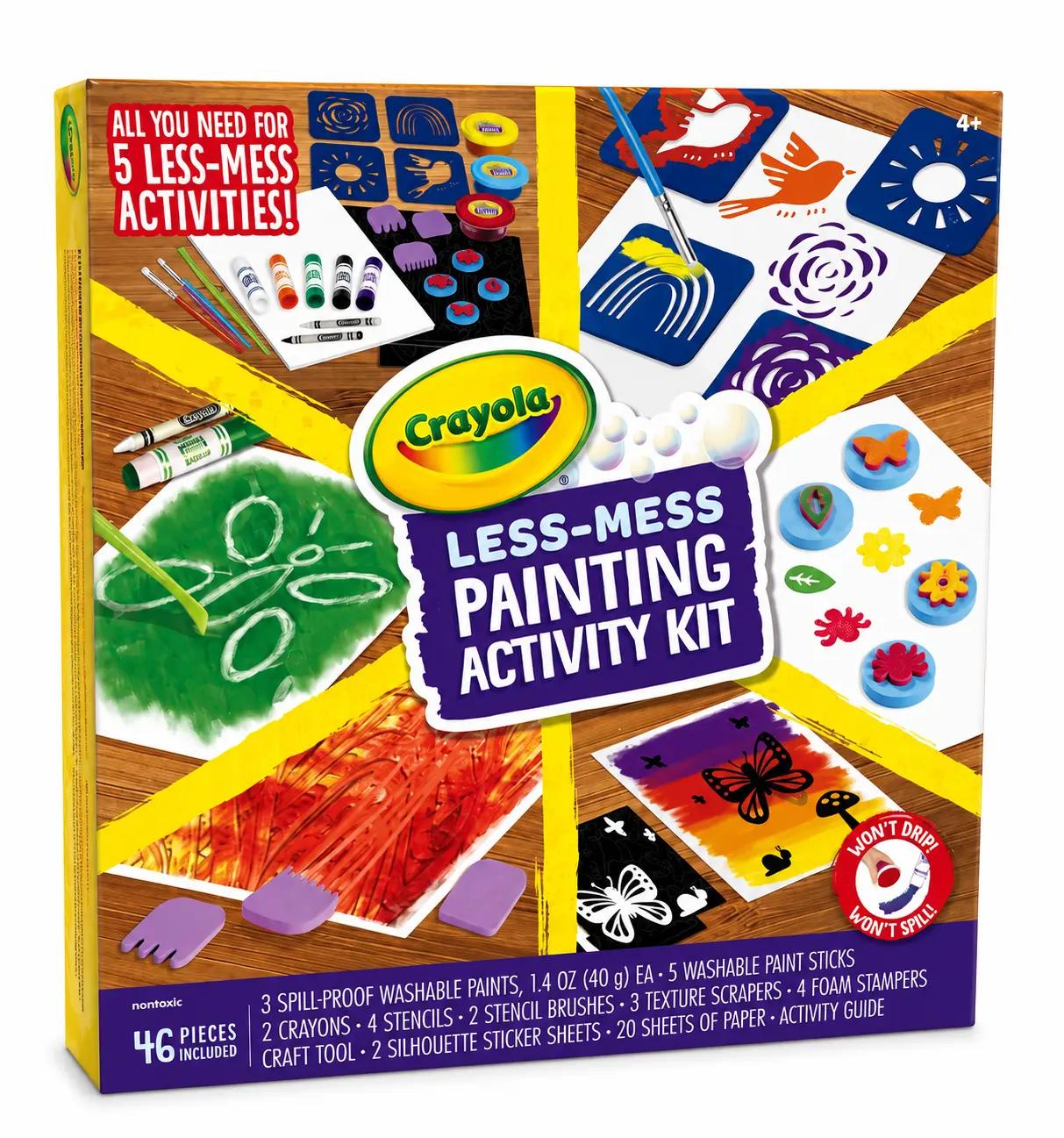 Crayola Less-Mess Painting Activity Kit, 46-Piece Washable Arts & Crafts Set with Spill-Proof Paints, Paint Sticks, Stencils & Foam Stampers, Ages 4+