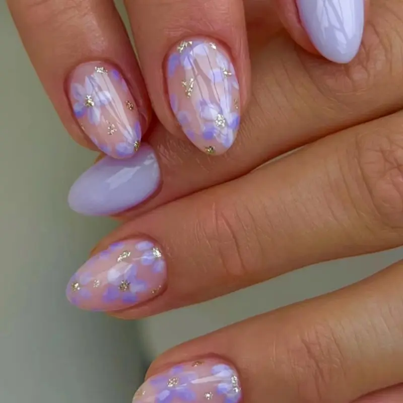 24pcs Oval Press-On Nails, Lavender Gradient Floral False Nails, DIY Fake Nails, Nail Designs, Nail Kit Set, Easy to Wear, Includes Jelly Glue and Nail File, Perfect for Parties and Daily Use, Nail Glue Included