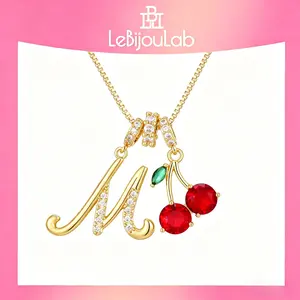 [LeBijouLab] 2026 Trendy Initial Cherry Necklace for Women | Summer Vibe Initial Alphabet Letters Pendant Necklaces | Dainty Red Cherry Charm Necklace for Women, Trendy Everyday Wear | 18K Gold Plated Fashion Jewelry Gift For Holiday Christmas Gift