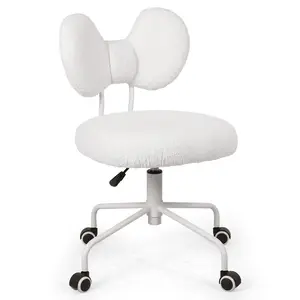 Cute Desk Chair with Back,Comfy Small Office Chair with Wheels, Armless Adjustable Rolling Swivel Computer Chair for Home Office,Make-up Room,Bedroom,Vanity Chair for Girls,Teddy Velve (White)