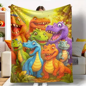 Cartoon Dinosaurs Flannel Blanket, Colorful Cute Dinosaur Family Print, UltraSoft, Warm, Lightweight, AntiPilling, Perfect for Couch, Bed, Travel, Camping, Picnic, Outdoor Activities, Birthday Gifts, Holiday Presents.