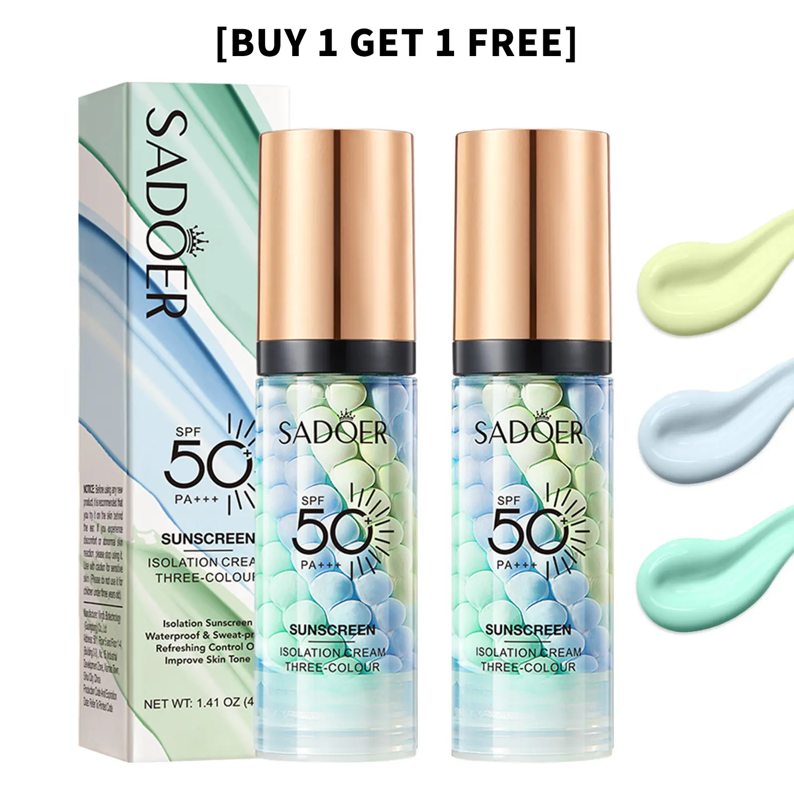 [BUY 1 GET 1 FREE] SPF 50+ PA+++ 3-in-1 Sunscreen Isolation Cream, Color Corrector Face Primer, Oil Control Moisturizing Pore-Blurring Pre-Makeup Base for Luminous Even Skin Tone