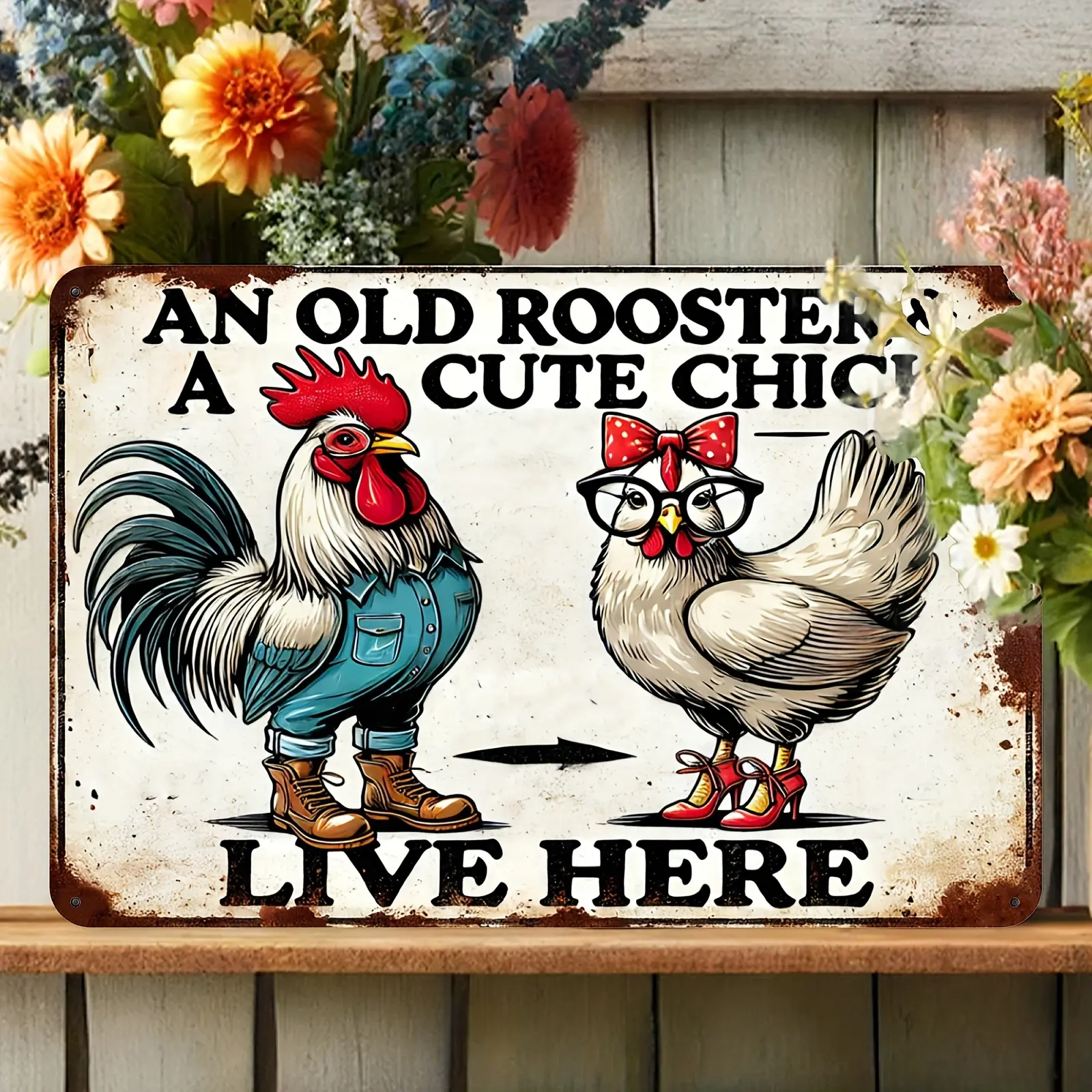 8x12in "Old Rooster & Cute Chick" Metal Wall Plaque - Chicken Wall Art, Decorative Rooster Plate, Vintage Rustic Farmhouse Home Decor, Waterproof Dustproof Tin Cast Iron Gift, Home Decor Signs, Farmhouse Ornaments