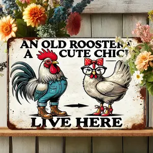Charming 8x12 Inch "Old Rooster & Cute Chick" Metal Sign - Rustic Farmhouse Decor, Waterproof & Dustproof Decorative Gift Home Decoration