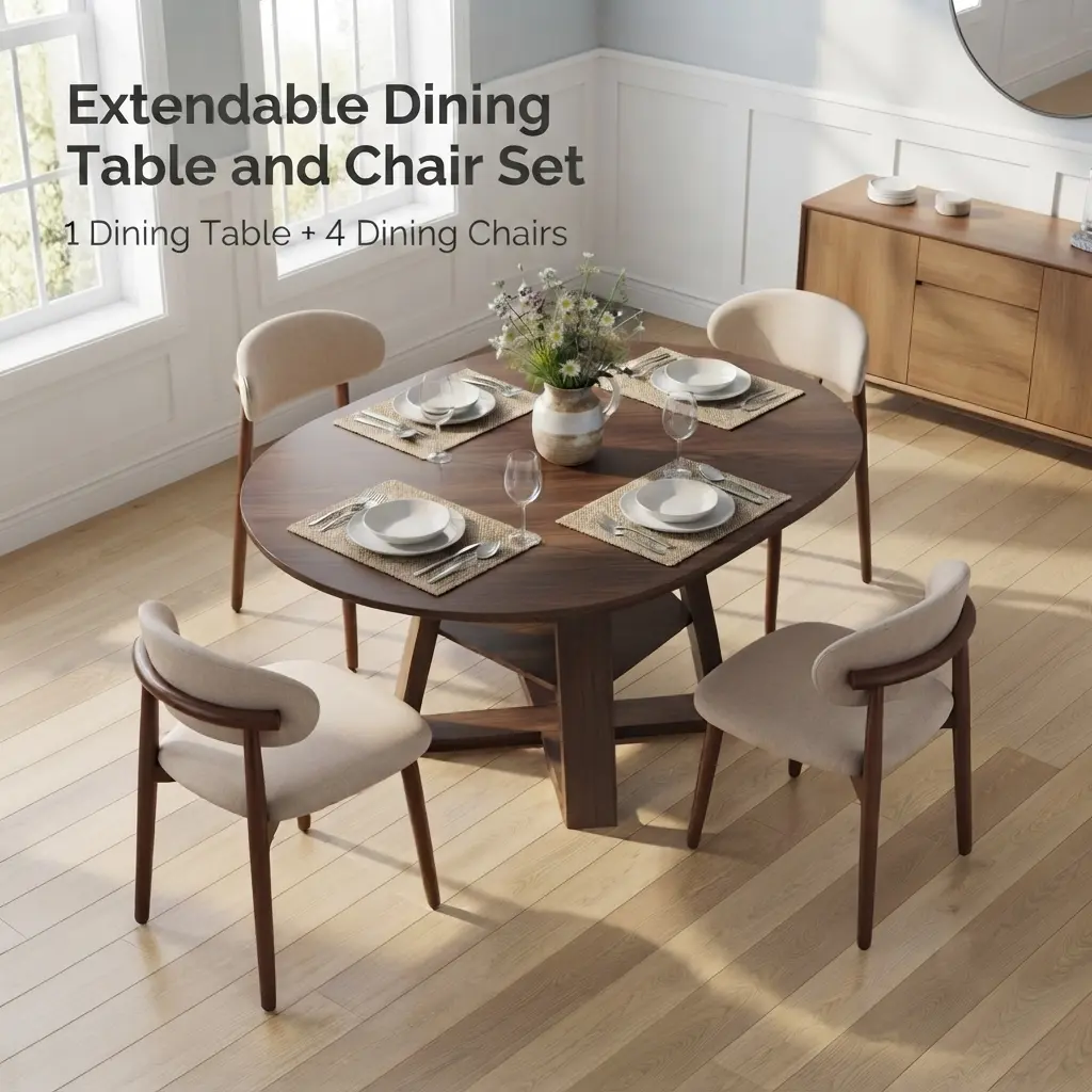 5-Piece Dining Table Set , Multifunctional 43.3-59in Extendable Round Dining Table with 4 Chairs, Space-Saving Kitchen Table, Modern Farmhouse Walnut with Storage Shelf