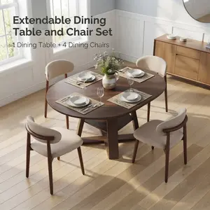 Dining Table and Chairs 5-Piece Set, Multifunctional 43.3-59in Extendable Round Dining Table with 4 Chairs, Space-Saving Kitchen Table, Modern Farmhouse Walnut with Storage Shelf