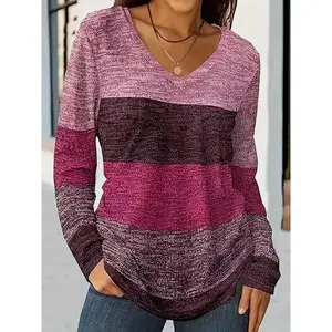 Plus-size women’s casual V-neck long-sleeve T-shirt with mixed-color striped print; plus-size women’s clothing; elastic fabric