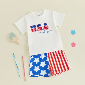Baby Boy 4th of July USA Outfit Set Letter Star Embroidery Stripe Print Short Sleeve T-Shirt with Matching Elastic Waist Shorts Independence Day 2Pcs summervibes